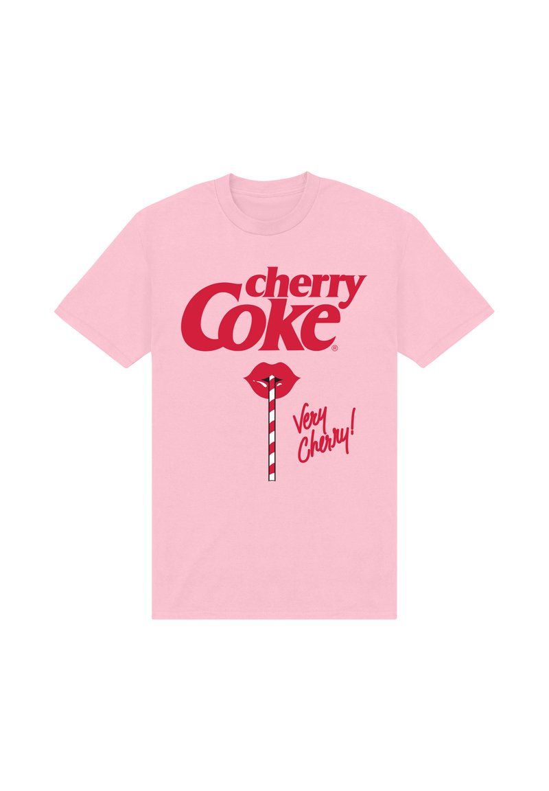 Růžové bavlněné tričko s červeným logem "cherry Coke", grafikou rtů se pruhovaným brčkem a textem "Very Cherry!" v tučném písmu.