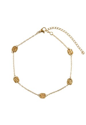 Delicate gold chain anklet with five irregular hammered oval links and a lobster clasp with adjustable extension chain.