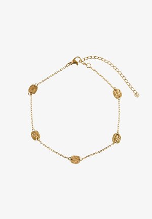Delicate gold chain anklet with five irregular hammered oval links and a lobster clasp with adjustable extension chain.