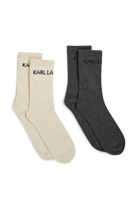 Set di quattro paia di calze: due paia a coste color crema e due paia grigio scuro, tutti con la scritta "KARL LAGERFELD" in nero sul risvolto.