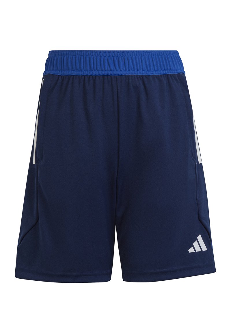 Marinefarbene Sportshorts mit elastischem Bund, Seitentaschen und weißen Adidas-Logodetails. Glattes Material mit taillierter Passform.