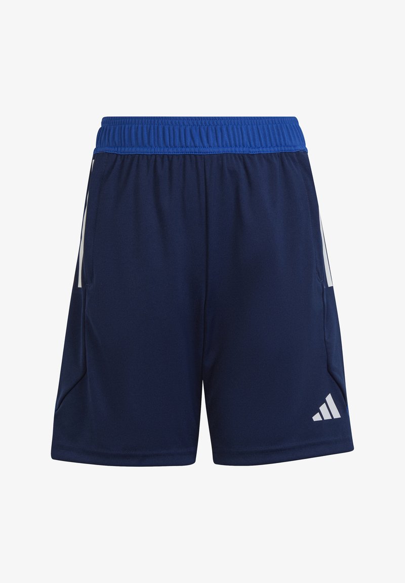 Marineblauwe sportshorts met een elastische tailleband, zijzakken en witte Adidas-logo accenten. Glad materiaal met een strakke pasvorm.