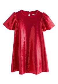 Rød palietkjole med korte pufærmer og rund halsudskæring, med en nøglehulsåbning bagpå. Skinnende, tekstureret overflade.