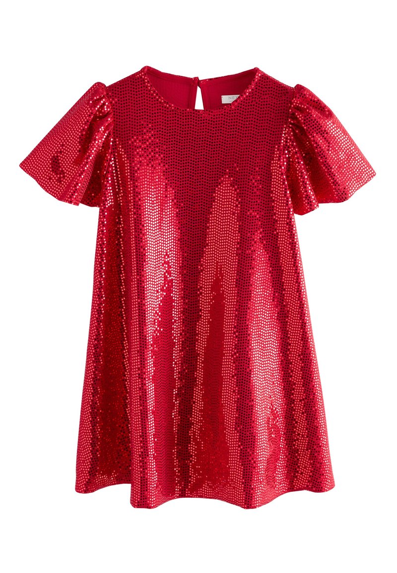 Rød palietkjole med korte pufærmer og rund halsudskæring, med en nøglehulsåbning bagpå. Skinnende, tekstureret overflade.