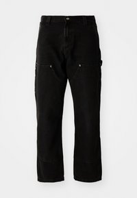 Black denim cargo pants with a relaxed fit, featuring two front pockets, side pockets, and visible stitching details.