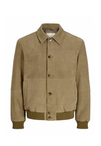 Blouson bomber en daim beige avec une fermeture boutonnée sur le devant, poignets et ourlet côtelés, deux poches latérales et col pointu.