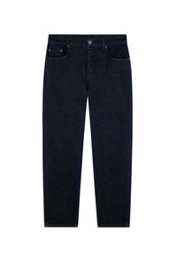 Pantalones vaqueros de mezclilla azul oscuro con diseño de pierna recta, cinco bolsillos y cierre frontal de botón. Presentan una textura suave con costuras mínimas.