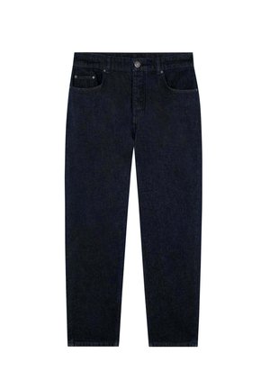 Pantalones vaqueros de mezclilla azul oscuro con diseño de pierna recta, cinco bolsillos y cierre frontal de botón. Presentan una textura suave con costuras mínimas.