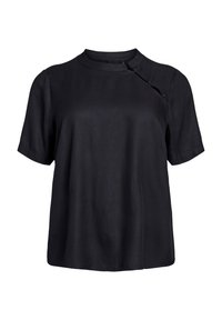 Black short-sleeve top with a round neckline and unique button detail on the shoulder. Soft, smooth fabric with a relaxed fit.
