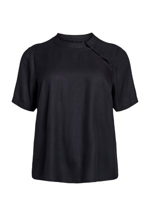 Black short-sleeve top with a round neckline and unique button detail on the shoulder. Soft, smooth fabric with a relaxed fit.