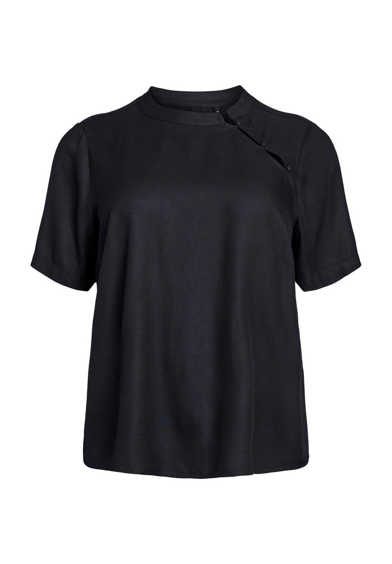 Black short-sleeve top with a round neckline and unique button detail on the shoulder. Soft, smooth fabric with a relaxed fit.