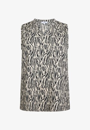 Mouwloos topje met een zwart en beige abstract patroon, een v-hals en een relaxte pasvorm, geschikt voor casual gebruik.