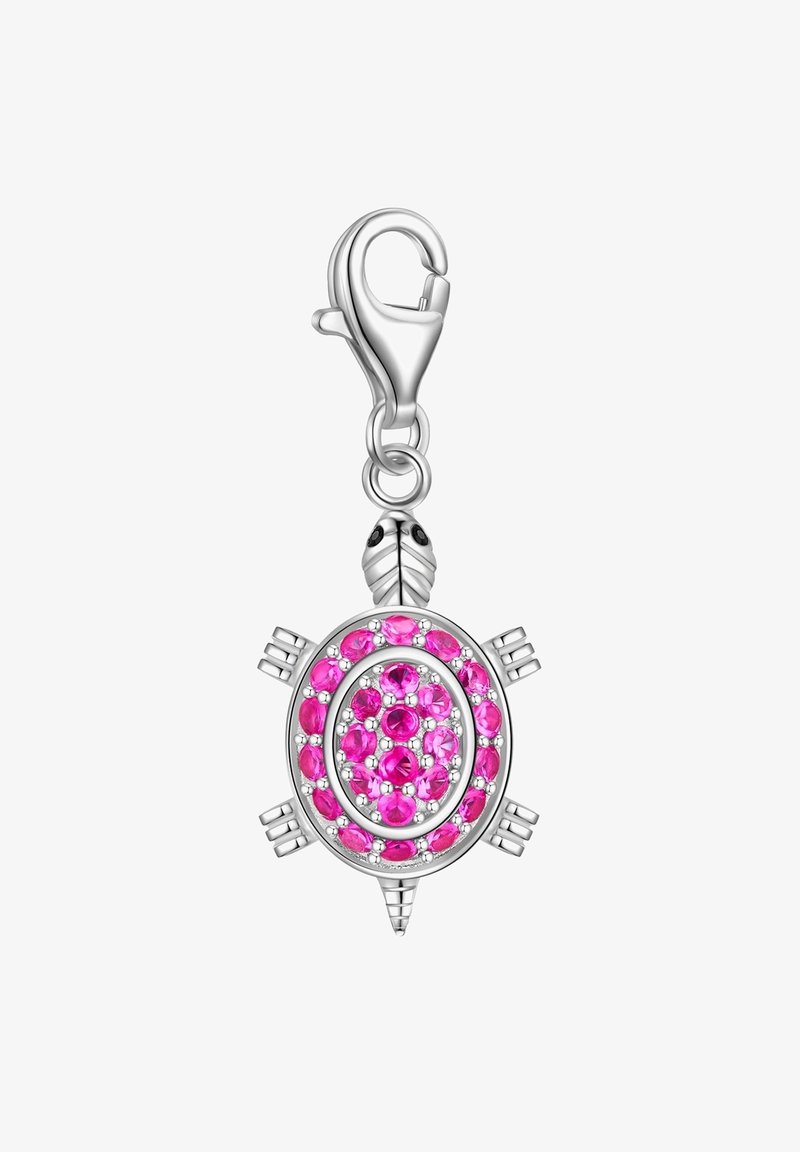 Sterling silver turtle charm featuring a pink gemstone inlay, detailed with silver accents and a lobster clasp for attachment.