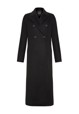 Cappotto di lana nero a doppio petto con colletto a punta, tasche laterali e sei bottoni. Maniche lunghe e silhouette dritta.