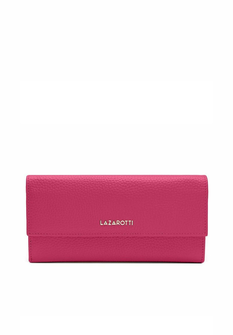 Portafoglio in pelle fucsia con finitura testurizzata, dotato di chiusura a pattina e logo "LAZAROTTI" in rilievo con hardware argentato.