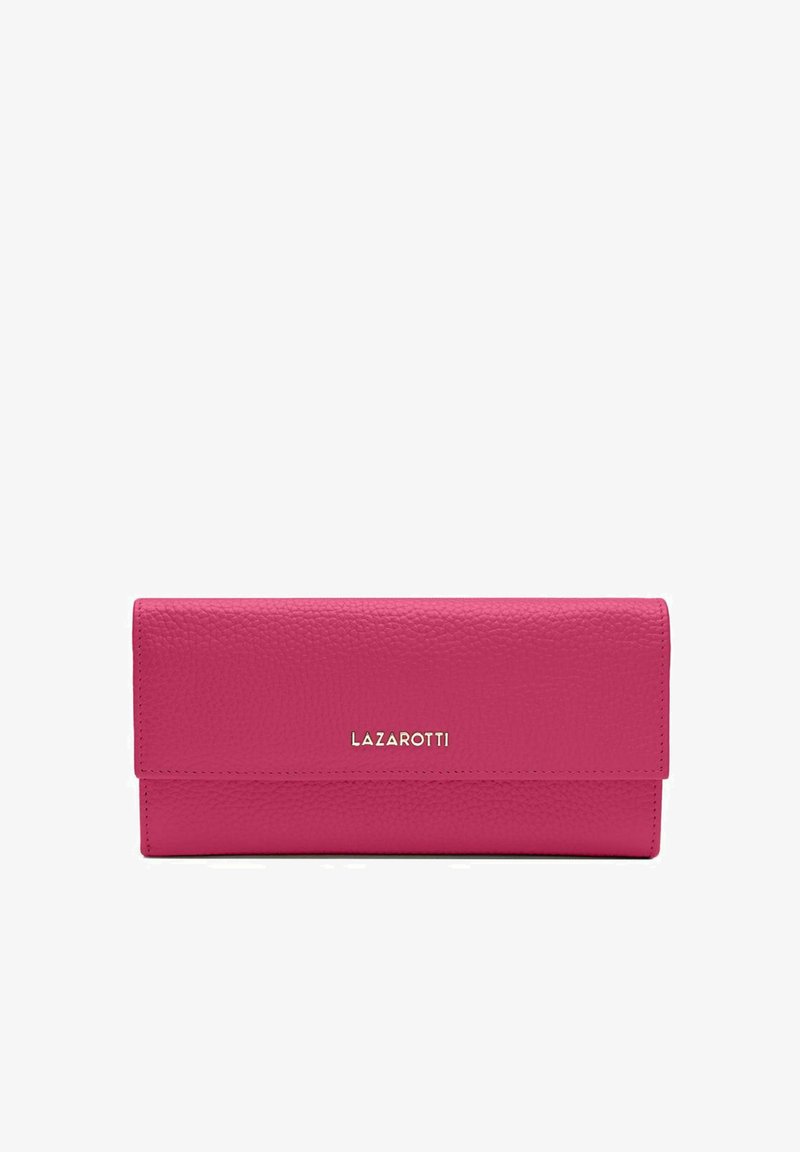 Portafoglio in pelle fucsia con finitura testurizzata, dotato di chiusura a pattina e logo "LAZAROTTI" in rilievo con hardware argentato.