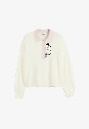 Pull blanc avec un col rose clair et cinq boutons. Présente un motif brodé de Snoopy sur le côté gauche de la poitrine. Texture douce, coupe ample.