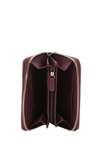 Burgundy leather wallet with a gold zipper, featuring multiple card slots, a central zippered compartment, and a smooth texture.