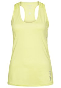 Reebok linne i starkt gult, med rundad halsringning, racerback-design och lätt, andningsbart tyg. Diskret logotypdetalj.