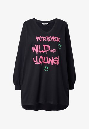 Black long-sleeve t-shirt with a v-neck. Features bold pink dripping text: "FOREVER WILD AND YOUNG!" and green smiley faces. Soft fabric.
