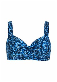 Blå blommig bh med ett mönstrat design, med justerbara band och en slät tygkvalitet. Strukturerad med ett stödjande undertråd.