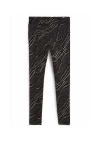 Zwarte leggings met donkergrijze en lichtgrijze zebrapatronen, met een klein wit Puma-logo op de tailleband.