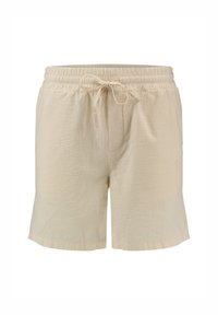 Beige trekshorts met elastische tailleband, gestructureerde stof, zijzakken en een subtiel logo op de rechterdij.