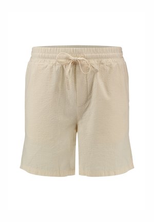 Beige Shorts mit Kordelzug, elastischem Bund, strukturiertem Stoff, seitlichen Taschen und dezentem Logo am rechten Oberschenkel.