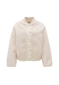 Veste en peluche rose clair avec un col côtelé, fermeture à boutons et un devant lisse. Présente des manches longues et un design court.