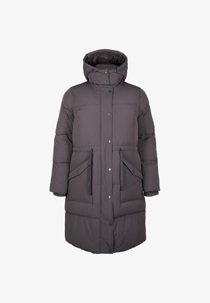 Gray padded long jacket with a high collar, adjustable drawstring waist, front pockets, and snap button closure. Smooth texture, minimalist design.
