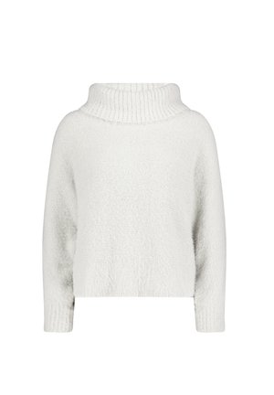 Witte gebreide sweater met een hoge, geribbelde col. Heeft cropped mouwen en een gestructureerde, fluffy stof. Eenvoudig en onopgesmukt ontwerp.