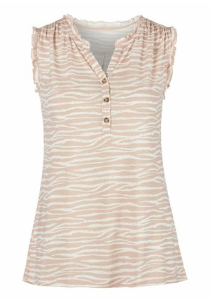 Light pink sleeveless top with a zebra stripe pattern in white, featuring a ruffled neckline and three-button placket. Soft fabric texture.