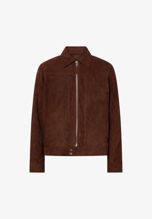 Hnědá nubuková bunda s předním uzávěrem na zip, špičatým límcem, dlouhými rukávy, bočními kapsami a dvěma cvoky na lemu.