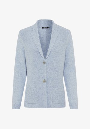 Hellblauer Cardigan mit strukturierter Strickdesign, ausgestattet mit zwei vorderen Taschen, einem Reverskragen und zwei Knöpfen zum Schließen.
