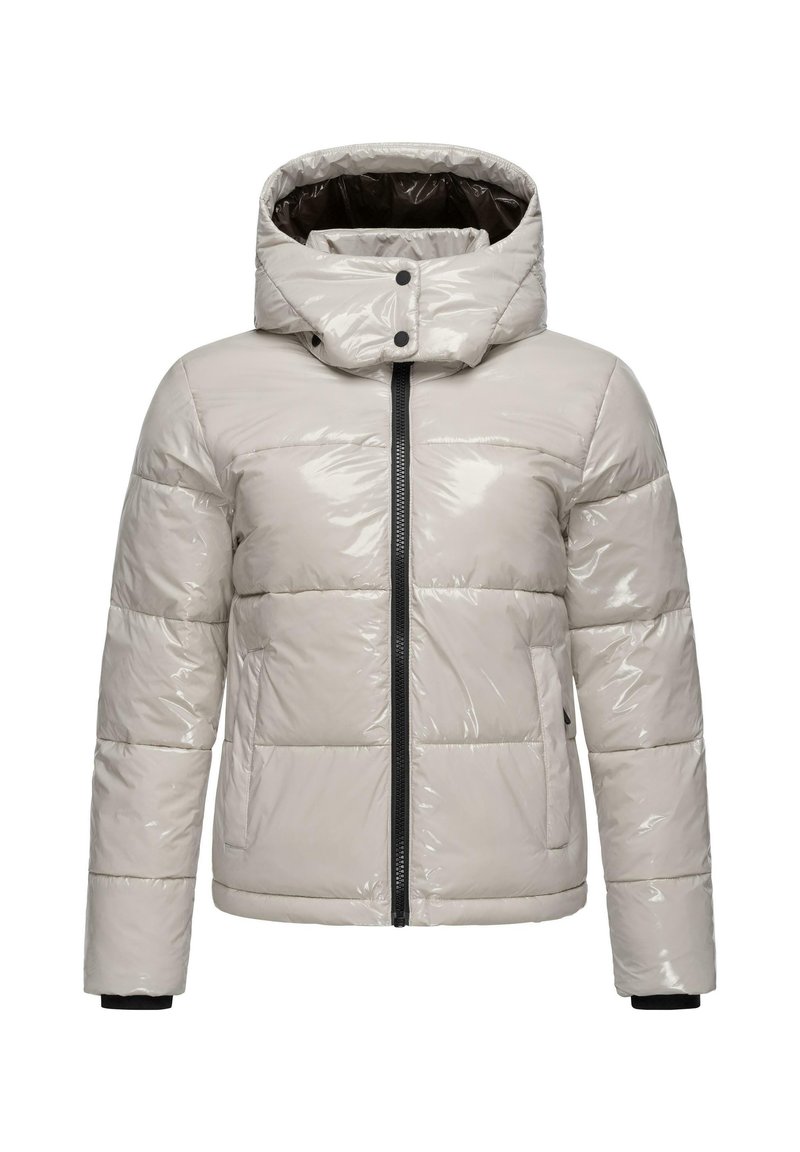 Opgeblazen jasje in een lichtbeige kleur, met een glanzende afwerking, capuchon, voorrits en zwarte accenten op de manchetten en rits.
