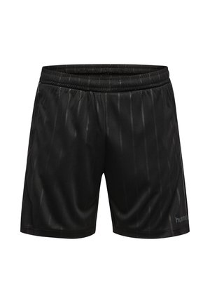 Sorte atletikshorts med elastisk taljebånd og diskrete lodrette striber, mærket med en lille "hummel"-logo på den nederste højre ben.