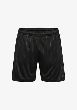 Black athletic shorts with an elastic waistband and subtle vertical stripes, branded with a small "hummel" logo on the lower right leg.