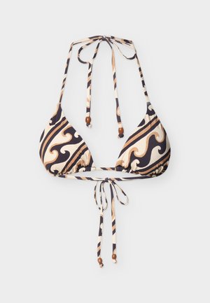 Haut de bikini triangle avec motif abstrait de vagues beige, noir et marron, lien réglable au cou et dans le dos avec accents de perles en bois.
