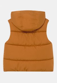 Puchowa bezrękawnik w kolorze wypalonej pomarańczy, z kapturem i poziomymi przeszyciami dla lepszej izolacji. Gładka faktura, minimalistyczny design.