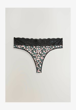 Sorte trusse med blondedetaljer og et blomsterprint i pink og grøn på en mørk baggrund, der fremviser glat stof og bølgede kanter.