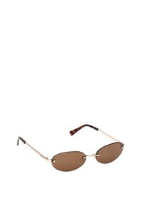 Ovale solbriller med brune linser, guld metalrammer og arme i skildpadde-mønstret design. Har en stjernedetalje på rammen.