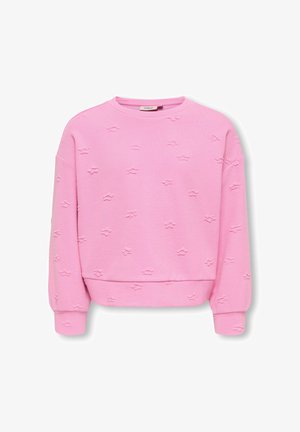 Pink langærmet sweatshirt med små hævede teksturerede sky-mønstre og rund halsudskæring.