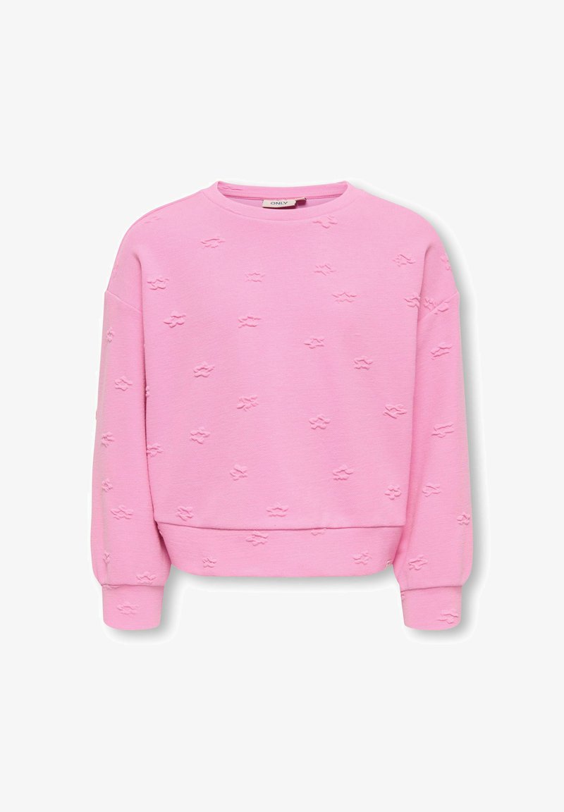 Sweat-shirt rose à manches longues avec petits motifs en relief de nuages et col rond.