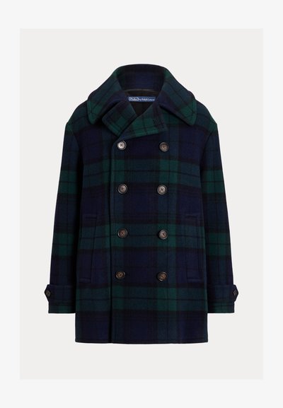 Topeltrinnaline meremehe mantel tumedsinises ja rohelises ruudulises mustris. Valmistatud villast, põhjakraega ja suurte pruunide nuppudega. Omab küljetaskuid.