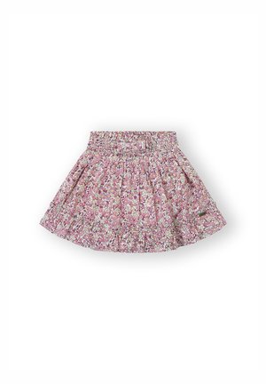 Falda con estampado floral en tonos rosas y verdes, fabricada en una tela ligera. Presenta una cintura elástica y un diseño fruncido.