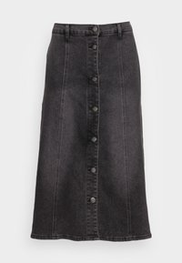 Svart denim midi kjol med knäppning framtill, vertikala sömmar och rak silhuett. Har en slät textur och en avslappnad design.