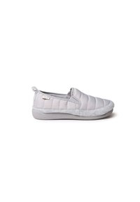 Sive slip-on cipele s prešanim tekstilnim gornjištem, s mekim sivim podstavom, teksturiranim međuslojom i minimalnim detaljem brendiranja.