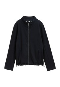 Black textured long-sleeve zip-up jacket with stand collar and elastic drawstring hem, displayed on a white background.