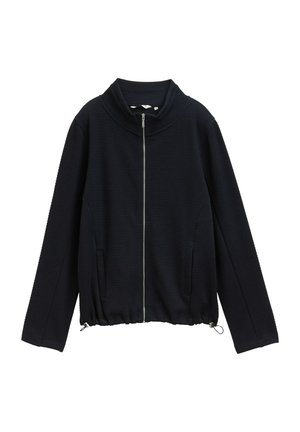 Black textured long-sleeve zip-up jacket with stand collar and elastic drawstring hem, displayed on a white background.