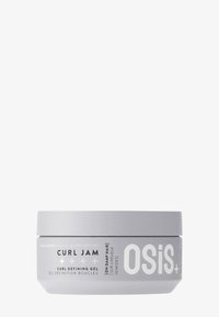 Barattolo rotondo grigio con un coperchio bianco. L'etichetta presenta un testo nero che riporta "Curl Jam Curl Defining Gel" e "OSiS+". Finitura liscia e opaca.